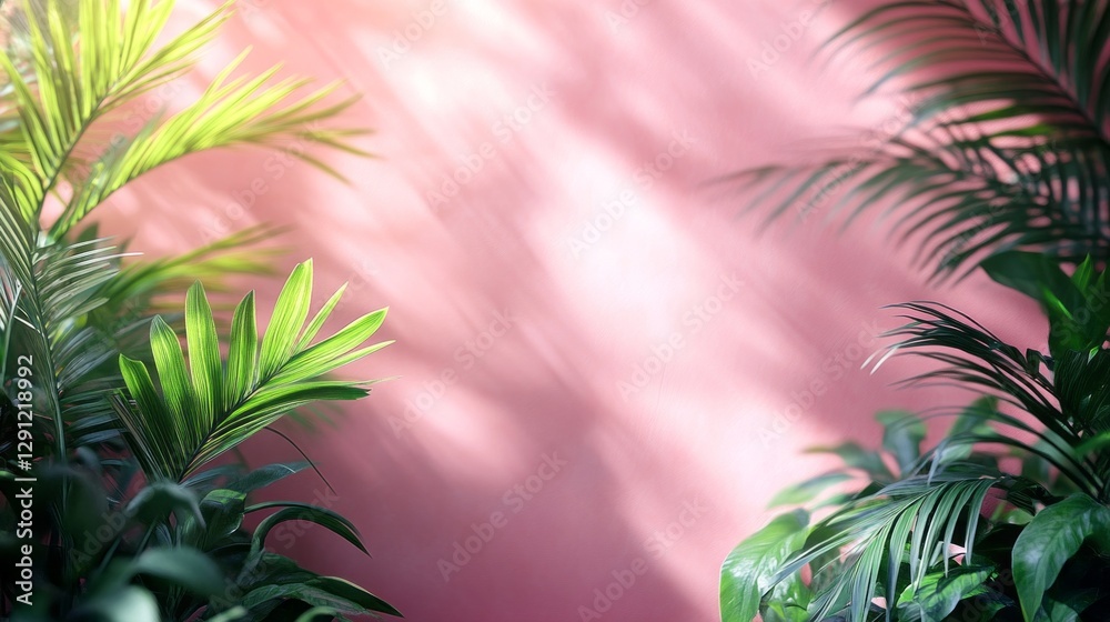Aufkleber Lush palm leaves gently sway in the breeze, creating delicate patterns of blurred shadows on a soothing pink wall. This serene moment captures the essence of tropical relaxation and nature's beauty
