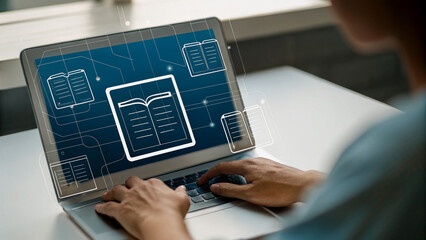 Person working on laptop with document icons overlay, library setting