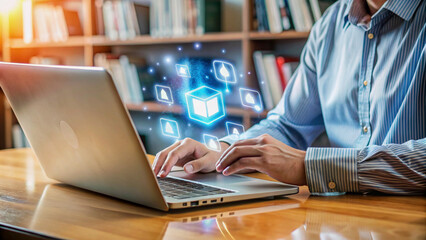 Person working on laptop with document icons overlay, library setting