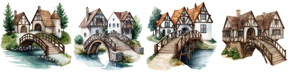 Enchanting medieval fairytale village scene with quaint half timbered cottages cobblestone bridges and a flowing river running through the scenic countryside landscape  Whimsical cozy