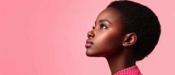 Naklejka premium Young african american woman looking up on pink background