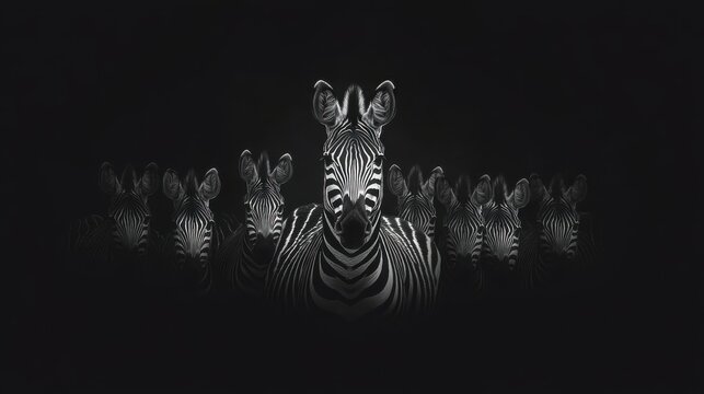 A group of zebras stands together in the dark