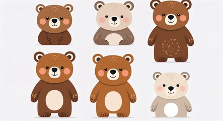 Set bundle of brown bear minimalist childish style illustration on plain white background