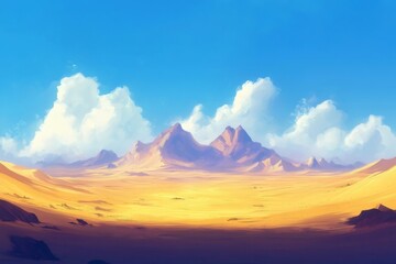 Fototapeta premium Expansive desert landscape featuring golden sand dunes and a brilliant blue sky, with distant mountains and fluffy white clouds enhancing the scene