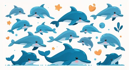 Fototapeta premium Set bundle of dolphin minimalist childish style illustration on plain white background