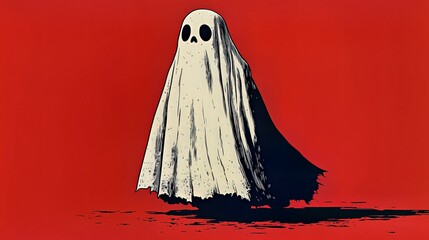 A ghost illustration in costume stands spooky. Cartoon ghost with an eerie and supernatural spirit on a red background. Halloween theme with horror style for October art.