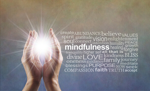 Mindfulness Word Cloud  - Male Reiki Master Healer with cupped  hands with a white star orb light between against a rustic grunge buff and blue background beside a relevant word cloud
