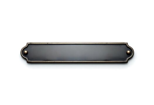 Metal dark grey bar shaped nameplate or name tag isolated on white background