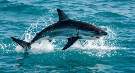 Fototapeta premium Great white shark breaching the ocean surface with power