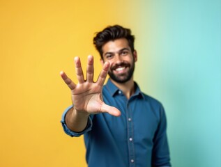 Naklejka premium Smiling man showing five fingers on gradient background