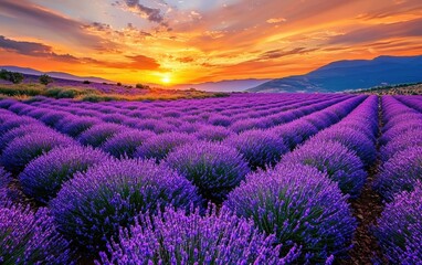 Obraz premium Vibrant lavender fields stretching under a golden evening sky