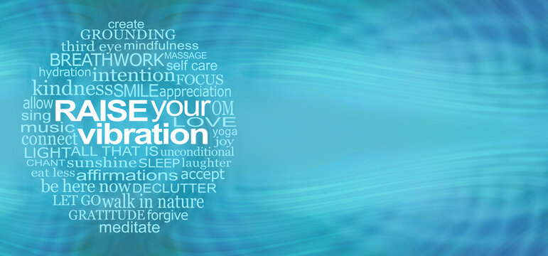 Raise Your Vibration Word Circle template - turquoise coloured web background and a circular word cloud next to copy space ideal for a spiritual business card, invitation, coupon or gift certificate
