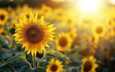 Fototapeta premium Vibrant sunflower field glowing under a warm spring sun