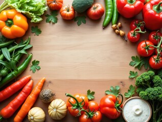 Fresh vegetables forming frame on wooden table with yogurt dip
