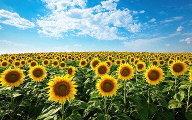 Obraz premium Vibrant sunflower field stretching under a cloudless sky