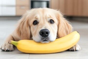 Golden retriever lying on floor with banana, looking at camera, indoor, used for pet food ads