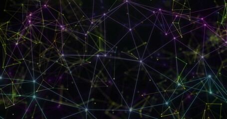 Image of network of connections over shapes on black background