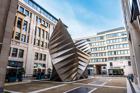 Steel sculpture called "Vents" or "Angel's Wings", by Thomas Heatherwick, installed in 2002, in Paternoster Square, a modern and privately owned public space next to St Paul's Cathedral, London