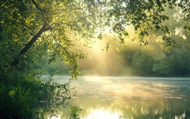Warm sun reflecting on a peaceful lake with fresh greenery