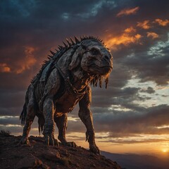 .Raam Animalas standing tall on a mountain peak, with a dramatic sunset sky in the background.