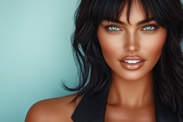 Naklejka premium Captivating portrait of a stunning businesswoman with tanned skin and striking green eyes, exuding confidence and professionalism against a soft blue background
