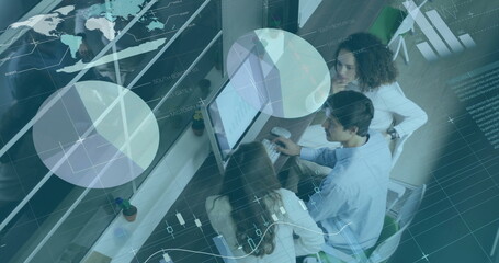 Image of financial data processing over diverse business people in office