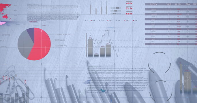 Image of financial data processing over desk with stationery items - Powered by Adobe