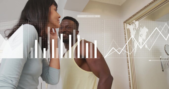 Image of digital data processing over diverse couple looking in mirror - Powered by Adobe