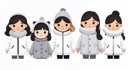 Set bundle of White girl in winter jacket minimalist childish style illustration on plain white background