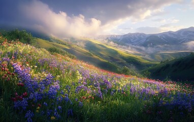 Fototapeta premium Wildflower-covered hills under a soft morning mist