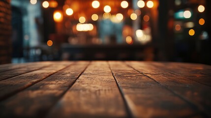 Empty wooden table top with a blurred background of a coffee shop interior, suitable for a product display montage.