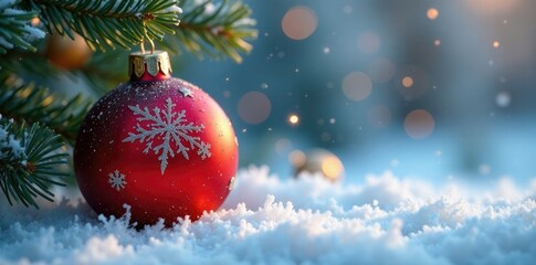 Obraz premium Sparkling snowflakes gently fall around the ornament, serene, frosty