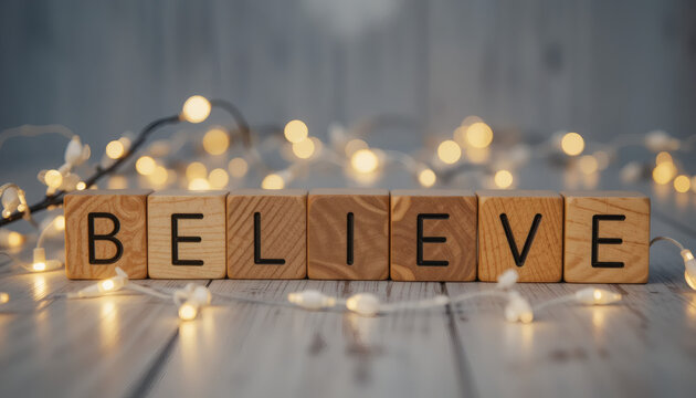 Wooden cubes with text "Believe" neatly arranged with glowing fairy lights around, symbolizing hope, confidence, and positivity, representing faith, dreams, inspiration, and the power of believing in 