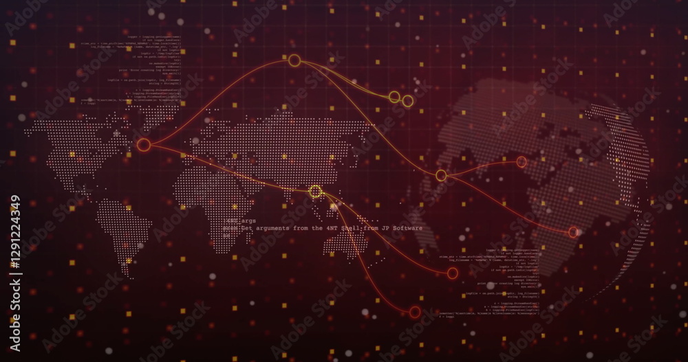 Poster image of network of connections and globe over data processing and world map on black background