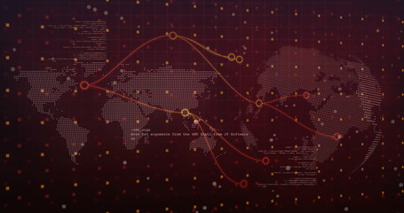 Image of network of connections and globe over data processing and world map on black background