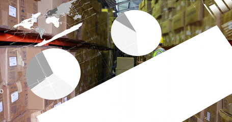 Image of financial data processing over diverse workers in warehouse