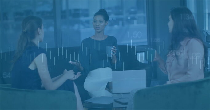 Image of data processing over diverse business people discussing work