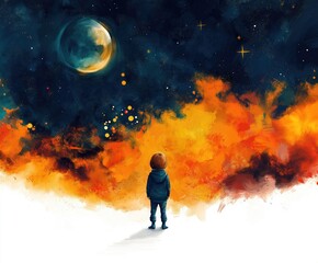 Naklejka premium Vibrant illustration of a child gazing at a colorful rocket against a cosmic background, inspiring imagination and adventure.