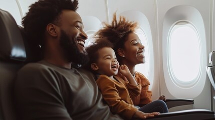 Family laughing and bonding on airplane trip