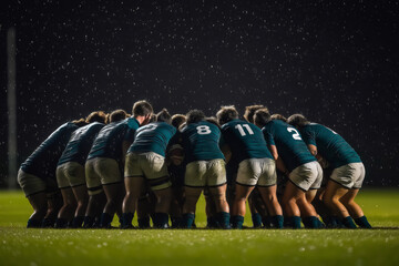 Rugby players huddling together before a night match, braving heavy rain and muddy conditions, showcasing teamwork and determination