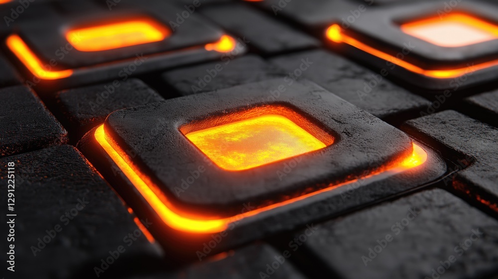 Fototapete Abstract close-up of glowing orange squares on a textured black surface, ideal for computer graphics and digital design.