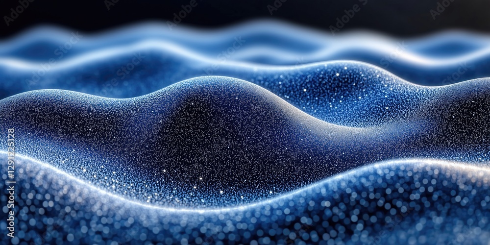 Poster abstract digital texture with flowing waves of blue and shimmering particles, ideal for computer gra