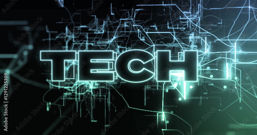 Poster tech text with glowing lines and circuits, futuristic digital image