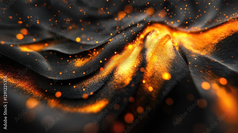 Poster Abstract digital texture with flowing black fabric and glowing orange particles, creating a dynamic and modern visual effect.