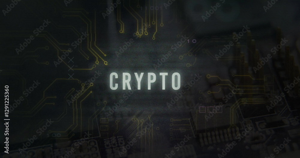 Poster crypto text image over circuit board and digital data background