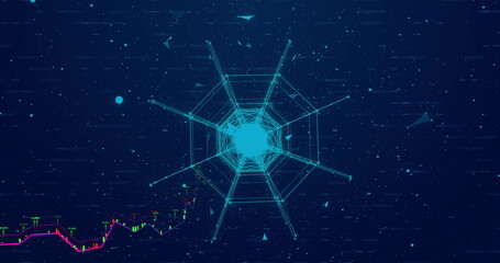 Geometric shapes and data points image over dark blue background