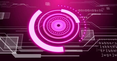 Futuristic digital interface with rotating pink circles and binary coding image