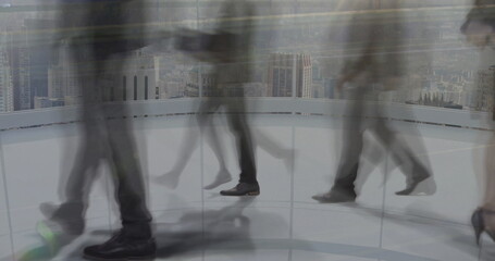 People walking in modern cityscape with transparent data processing image