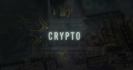CRYPTO text image over circuit board and digital data background