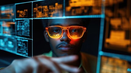 Factory worker wearing glowing glasses, interacting with a digital overlay of blueprints and data in a high-tech environment.
